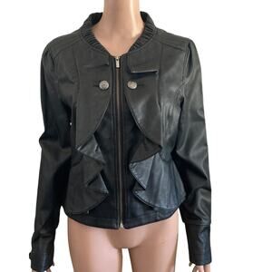 Ruby Rose PVC Faux Leather Jacket Womens Large Black Ruffles Full Zip